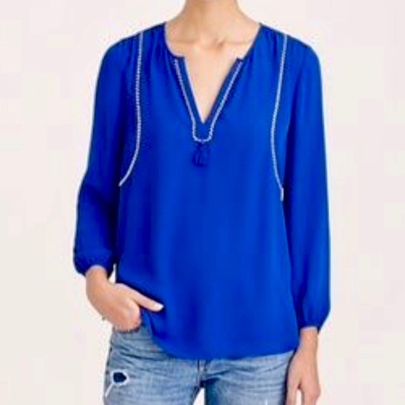 J. Crew Blue Chiffon Tassel Trim Top Long Sleeve Blouse XS 0 - Picture 1 of 9
